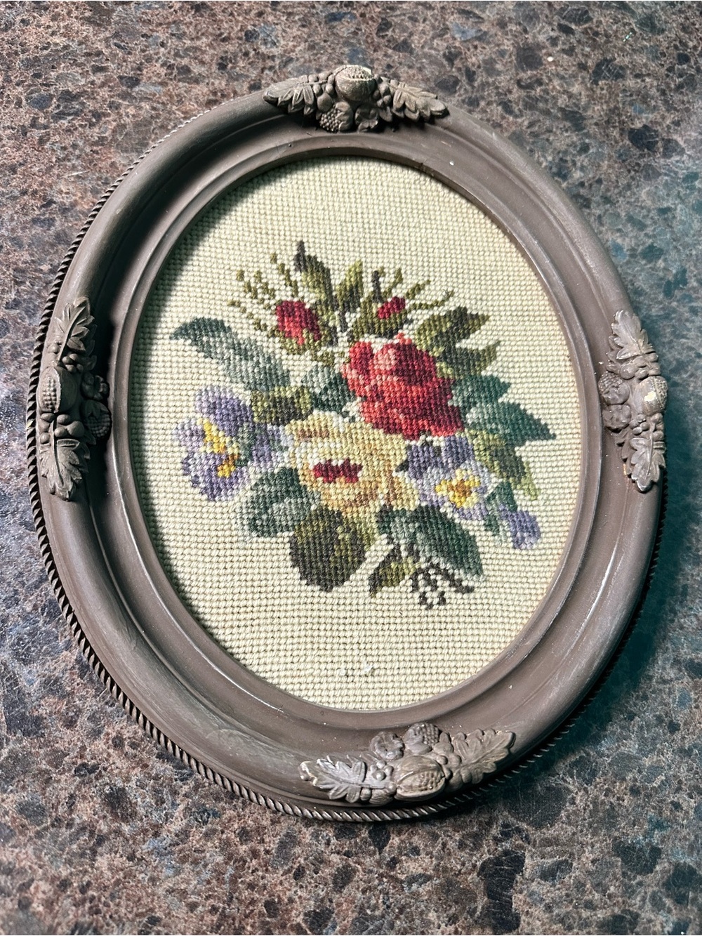 Floral Victorian Needlepoint Wall Art - Decorative Home Accent Ornate frame